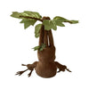 A brown plush toy resembling a mandrake with green leaves on top.