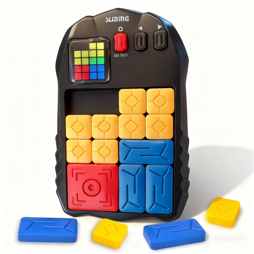 A black electronic sliding block puzzle with a grid of colored blocks and control buttons, alongside loose yellow and blue bl