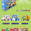 A box of six large block transport puzzles featuring various vehicles like ambulances, police cars, tanks, trains, fire engin