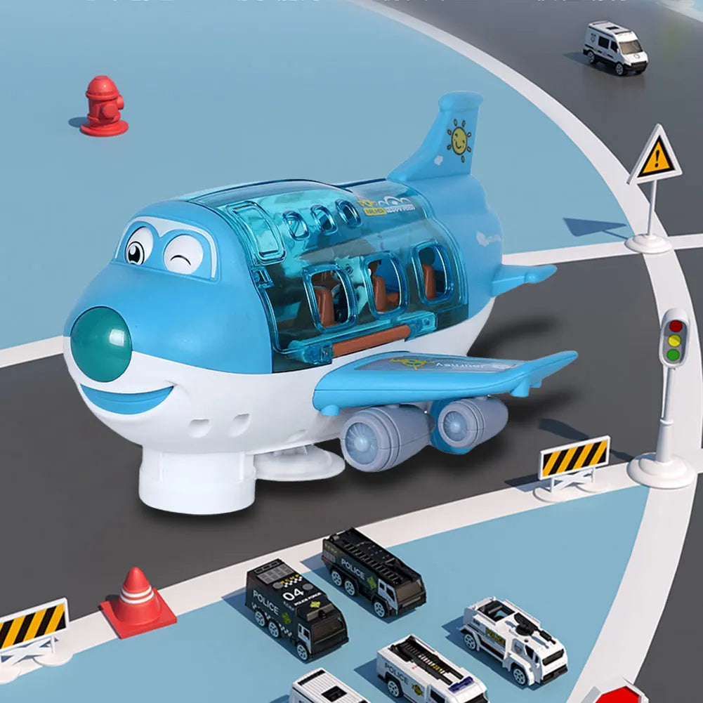 A blue toy airplane with transparent cockpit and lights flying over a gray road with traffic cones and emergency vehicles.