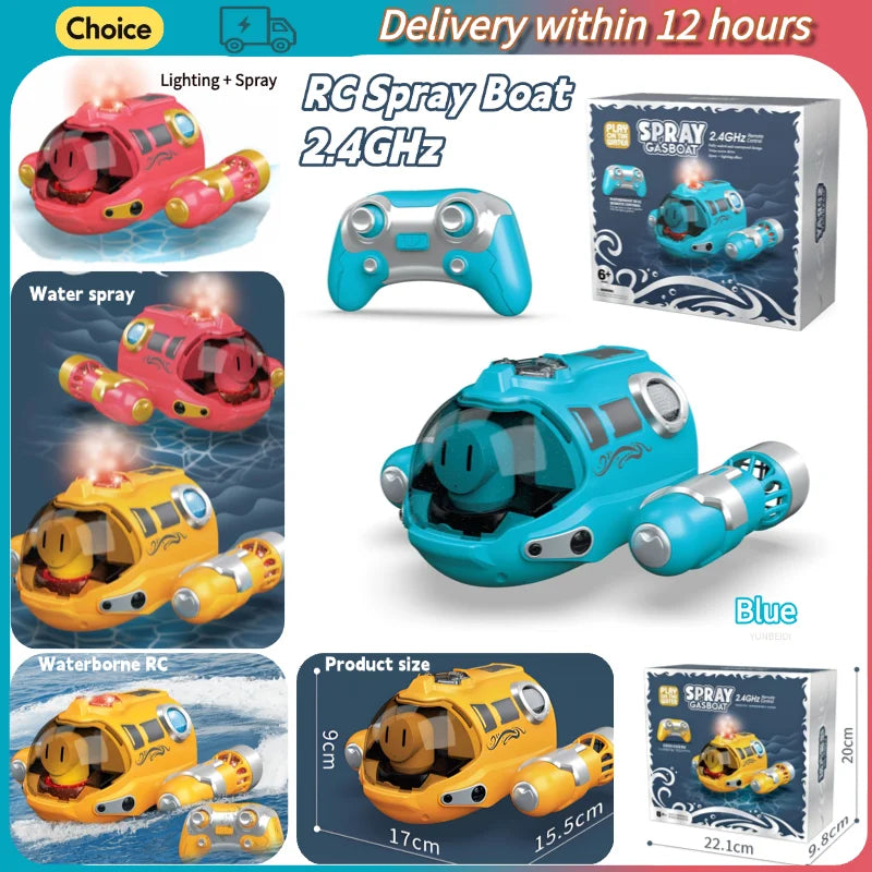 Collection de bateaux RC en spray de différentes couleurs et tailles, y compris un bateau rouge, un bleu et un jaune.