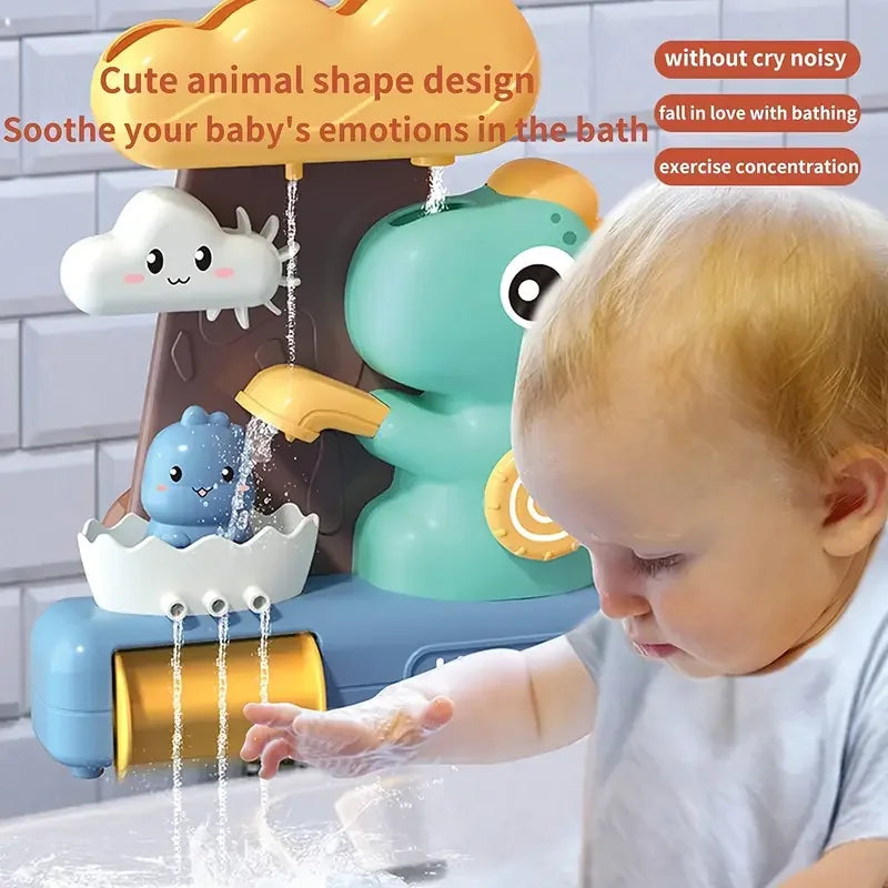 A baby is playing with a cute animal shape design dinosaur bath toy sprinkler that sprays water.