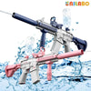 A battery-powered water gun with a detachable bottle is shown spraying water against a blue background.
