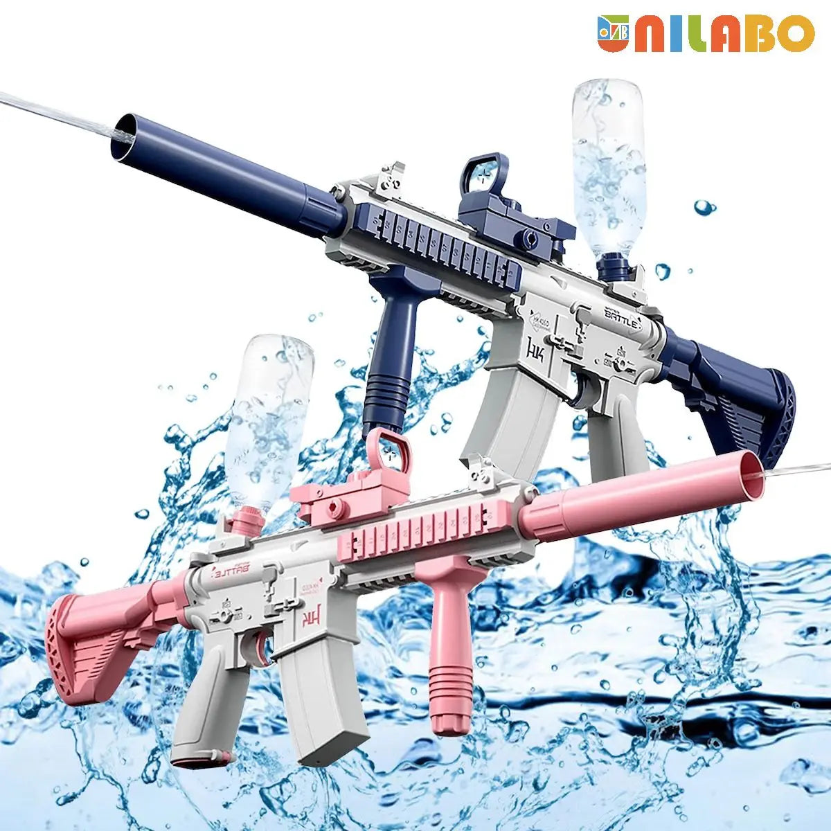 A battery-powered water gun with a detachable bottle is shown spraying water against a blue background.