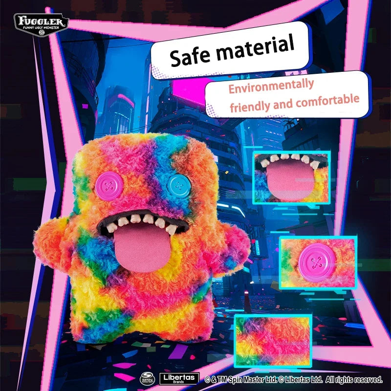 A fluffy, colorful plush monster with a wide grin is displayed against a neon-lit background.