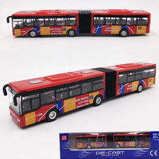 A red and yellow diecast pull-back model of a city bus with various route signs