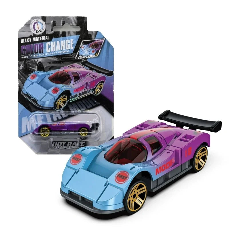 A blue and purple pull-back racing car with a removable top, shown next to its packaging.