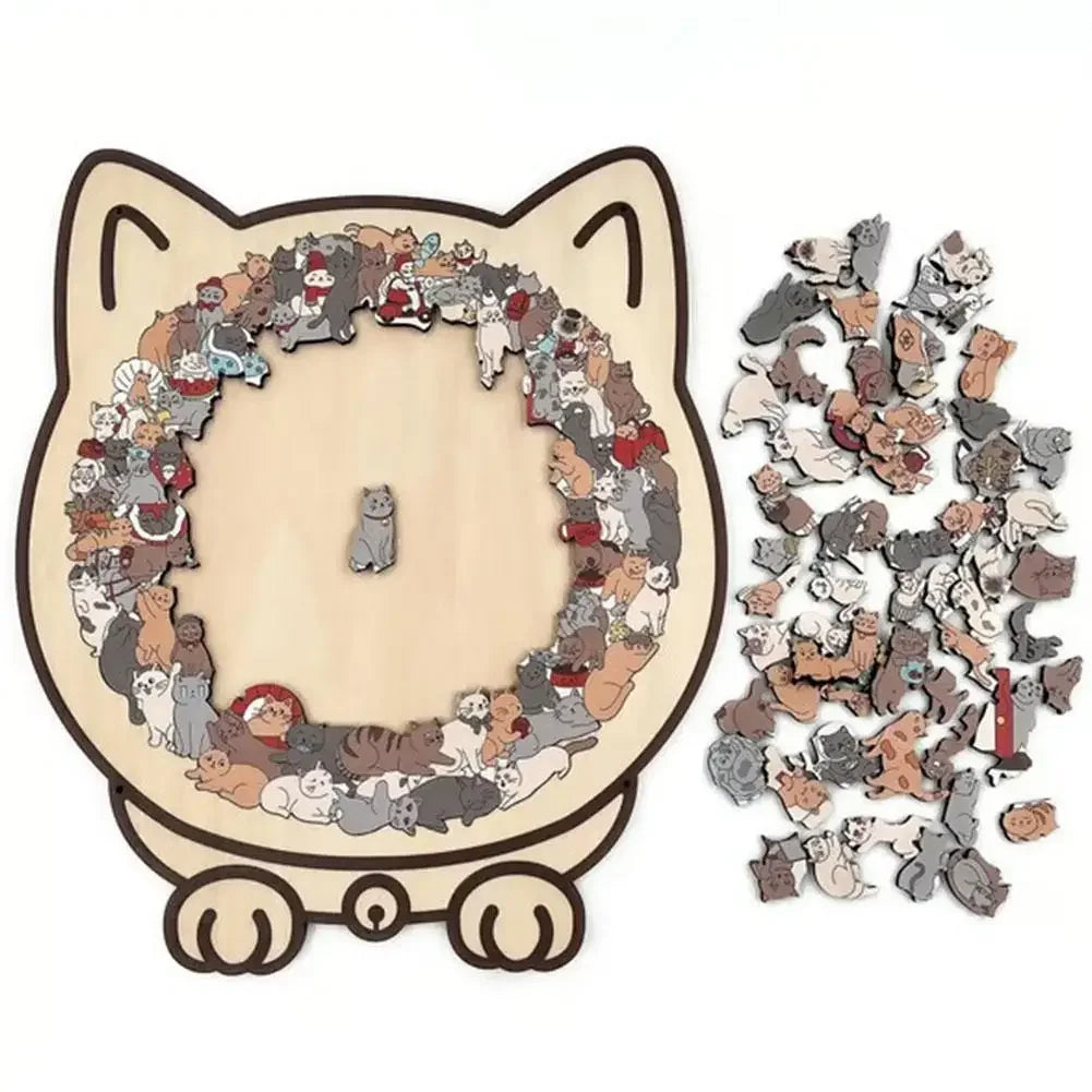 A wooden jigsaw puzzle shaped like a cat, featuring 135 unique pieces.