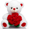 A white plush bear with red accents holding a large red rose.