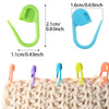 A set of colorful plastic locking stitch markers for knitting and crochet shown next to a knitted item.
