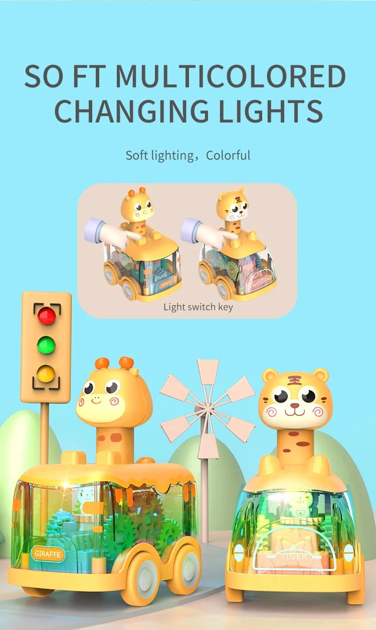 A set of colorful light-up giraffe and tiger gear cars for toddlers with a light switch key.