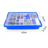 A clear blue plastic tray containing various STEM robotics engineering building components for kids.