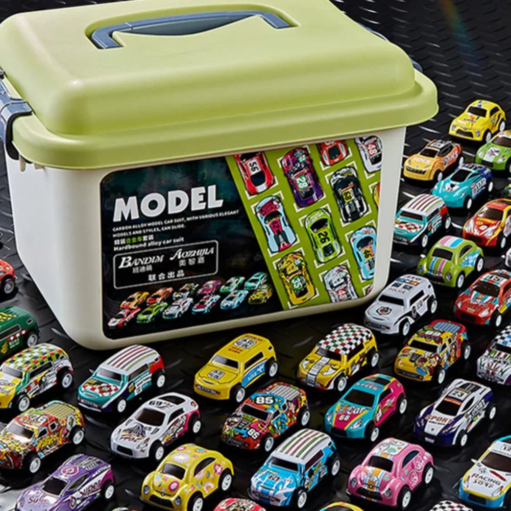 Collection de voitures jouets à tirer en métal dans une boîte de rangement vert clair.