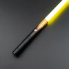 A white light saber toy with a gold metal handle and black grip, illuminated against a dark gray background.