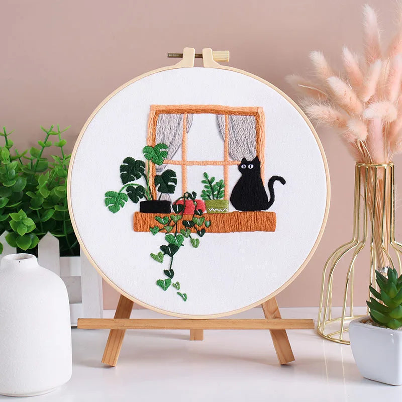 Beginner Embroidery Kit with Floral and Cat Patterns
