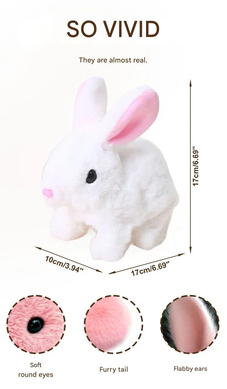 White plush rabbit toy with pink ears, soft round eyes, furry tail, and floppy ears.