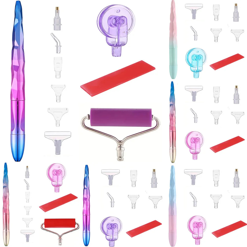 A collection of diamond painting tools including pens, rollers, and various tips in pink, green, and clear plastic.