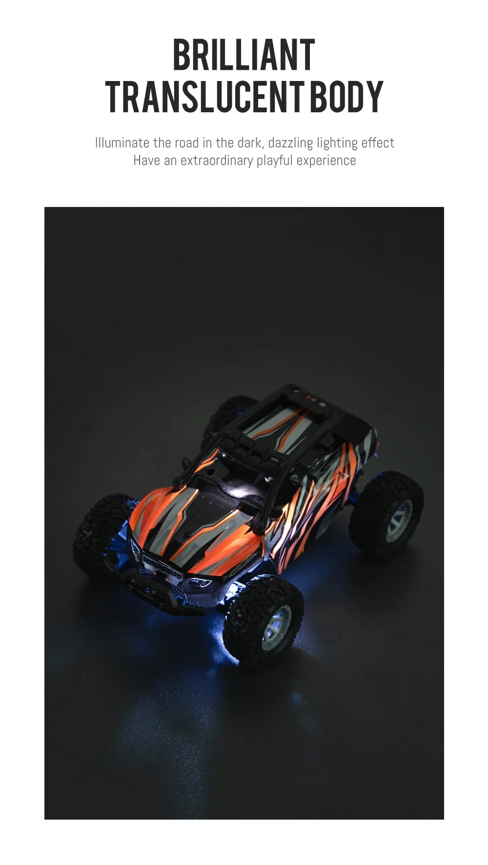 A black and orange 1:32 scale RC off-road car with brilliant translucent body lights illuminated against a dark background.