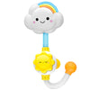 A white cloud shaped shower toy with a rainbow arch and a yellow monkey head and water sprinkler.