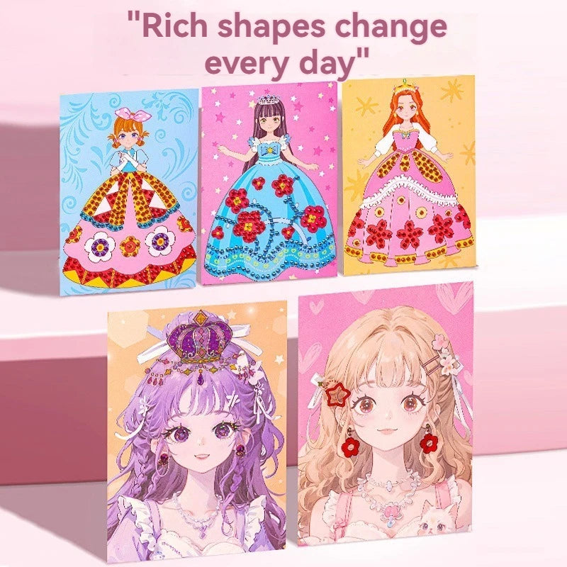 A collection of nine colorful paper craft cards featuring princesses and floral designs for a diamond painting kit