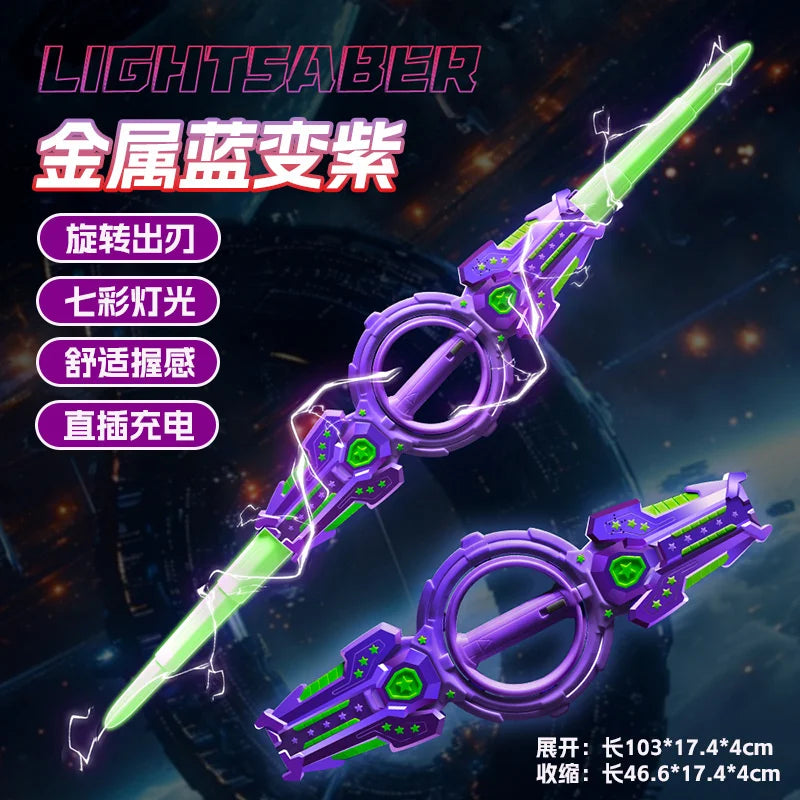 A purple lightsaber with a glowing green blade and hilt, shown against a dark background.