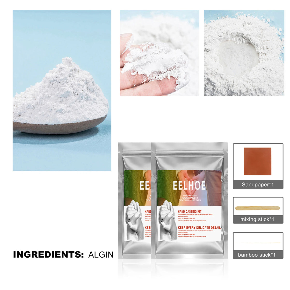 A set of white sculpting powder and a hand casting kit for creating keepsakes