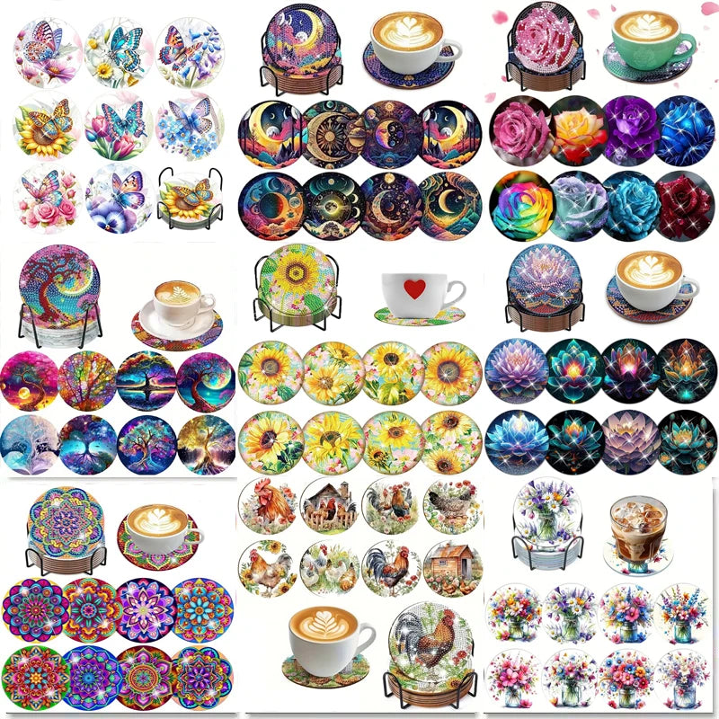 A collection of colorful diamond art coasters and a holder kit featuring various floral and nature designs.