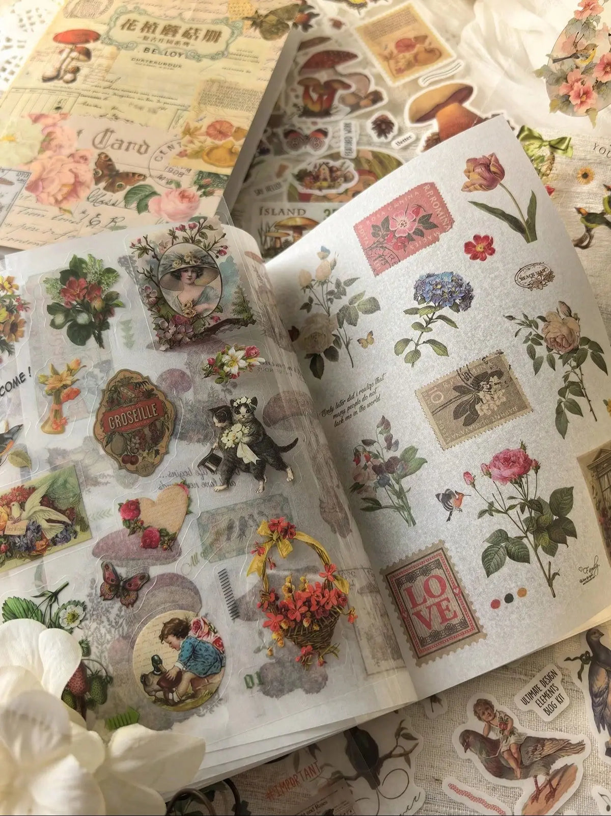 A close-up of a retro botanical sticker book featuring floral illustrations and vintage designs.