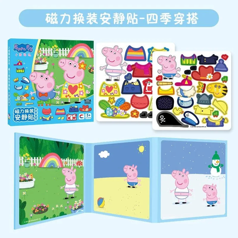 A set of Peppa Pig magnetic dress-up and travel books featuring characters and scenes.