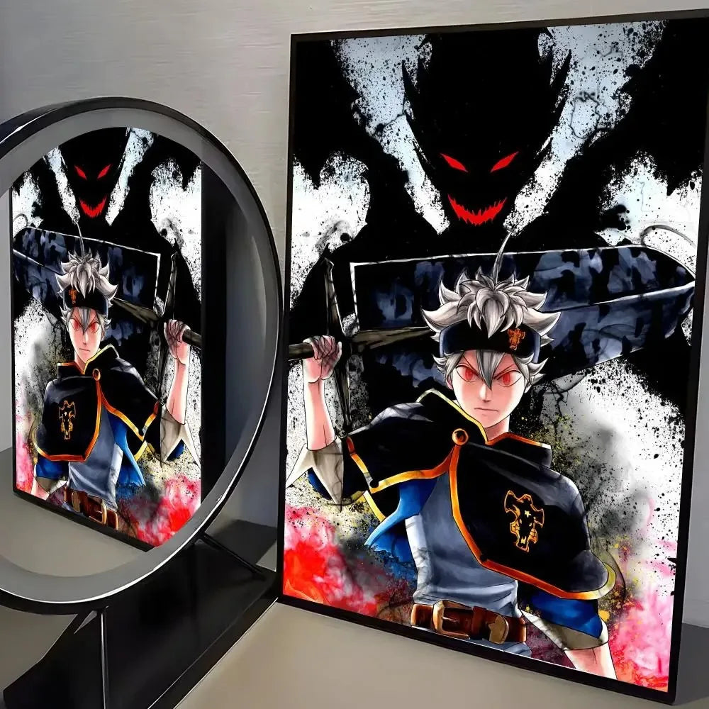 A framed anime illustration of a male character with white hair and dark clothing against a black background.