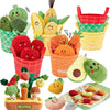 A colorful sensory fruit and veggie sorting set featuring various produce items in crinkle textures.