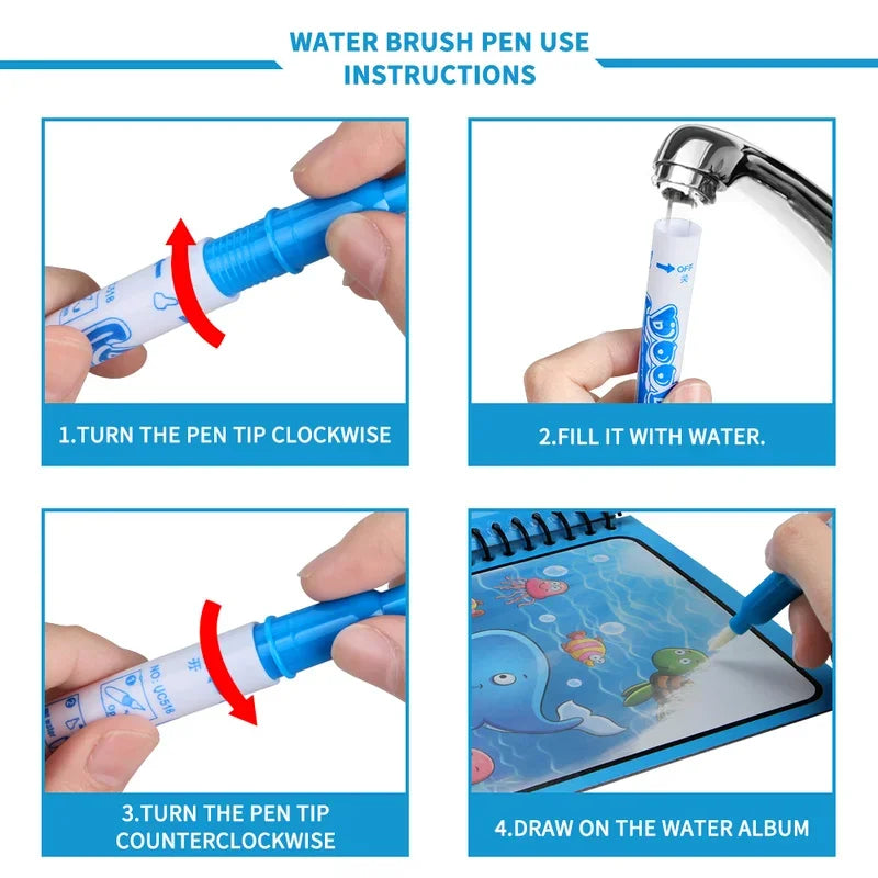 Instructions for using a water brush pen to draw on a watercolor album.