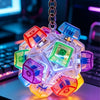 A colorful, translucent fidget keychain made of LED light-up keycaps is displayed on a dark surface.