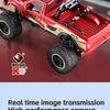 Red 1:64 scale RC monster truck with an integrated FPV camera and live video transmission setup