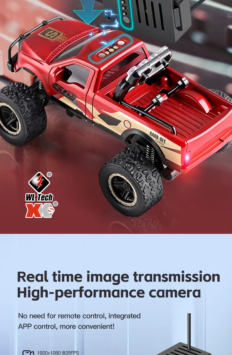 Red 1:64 scale RC monster truck with an integrated FPV camera and live video transmission setup