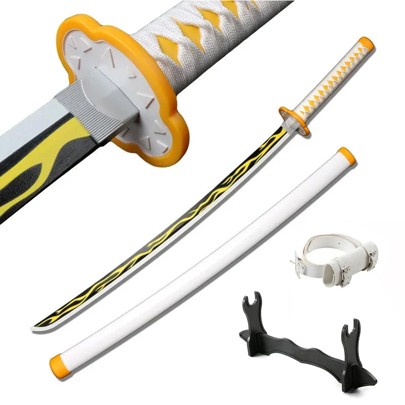 A Demon Slayer anime katana sword with a yellow guard and white blade, along with a separate white hilt component.