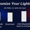 Instructions for customizing an SN PIXEL V4 lightsaber using an app, QR code, and Bluetooth connection.