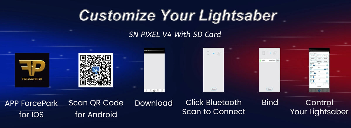 Instructions for customizing an SN PIXEL V4 lightsaber using an app, QR code, and Bluetooth connection.