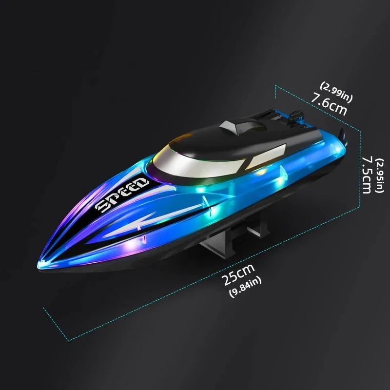 A sleek, blue and black high-speed RC boat with LED lights is shown from the side.