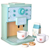 A light green wooden pretend play kitchen set featuring a coffee maker and various tea accessories.