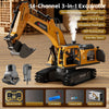 A yellow 14-channel 3-in-1 RC excavator toy with attachments and accessories shown on a wooden surface.