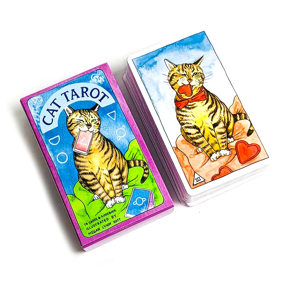 A deck of Cat Tarot cards featuring an illustration of a tabby cat looking forward.