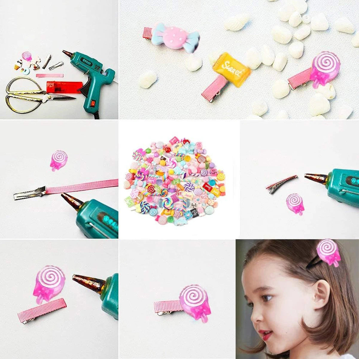 A collection of colorful resin sweets and charms for DIY crafting, including small candies and plastic items.