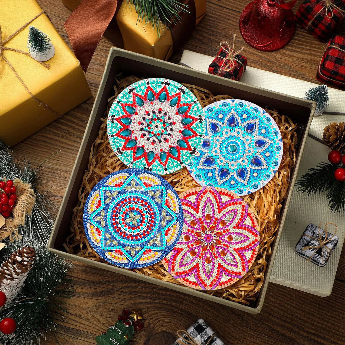Mandala Floral Diamond Art Coaster Set with Stand