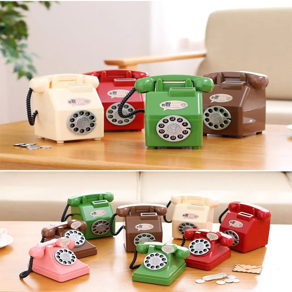 A collection of vintage rotary telephone piggy banks in various colors, including pink, red, green, and brown, displayed on a