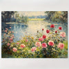 An oil painting depicting a lush garden with pink and red roses beside calm water under soft light.