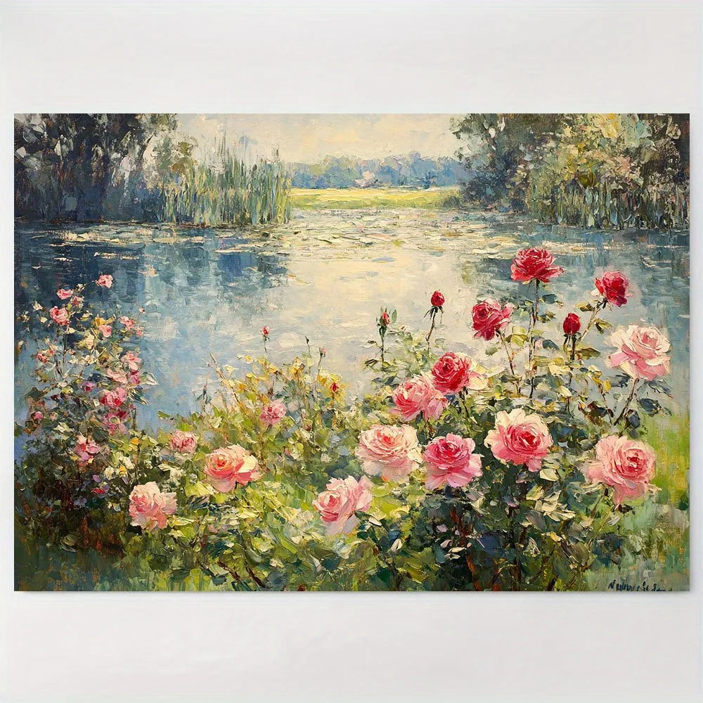 An oil painting depicting a lush garden with pink and red roses beside calm water under soft light.