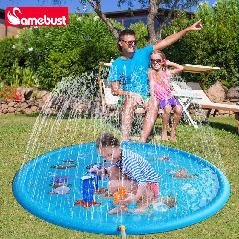 A child is playing on a blue inflatable mat filled with water outdoors surrounded by greenery.
