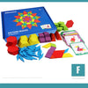 A box of 155-piece wooden pattern blocks with colorful designs and design cards.