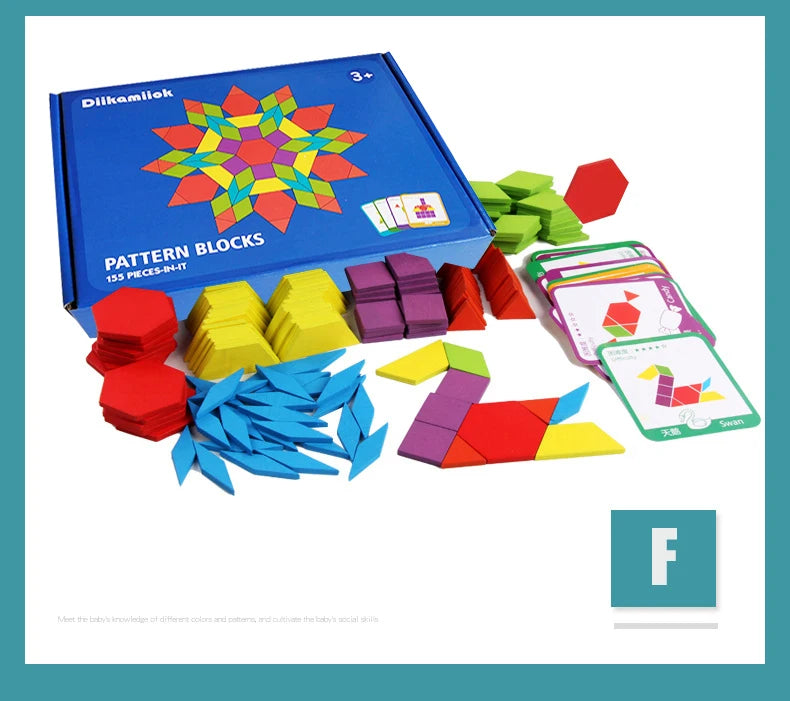 A box of 155-piece wooden pattern blocks with colorful designs and design cards.
